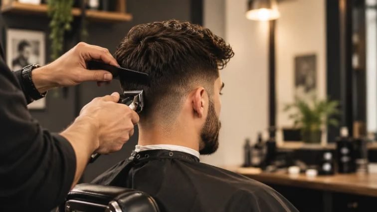 A barber blending a skin fade with clippers and a comb at Sharp N Clean
