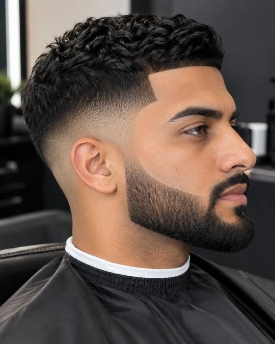 Mid fade with a sharp line-up and a full, shaped beard