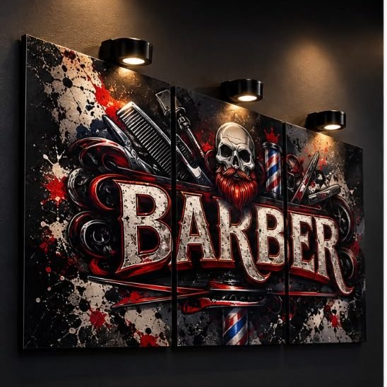 Barber-themed triptych wall art hanging in the salon