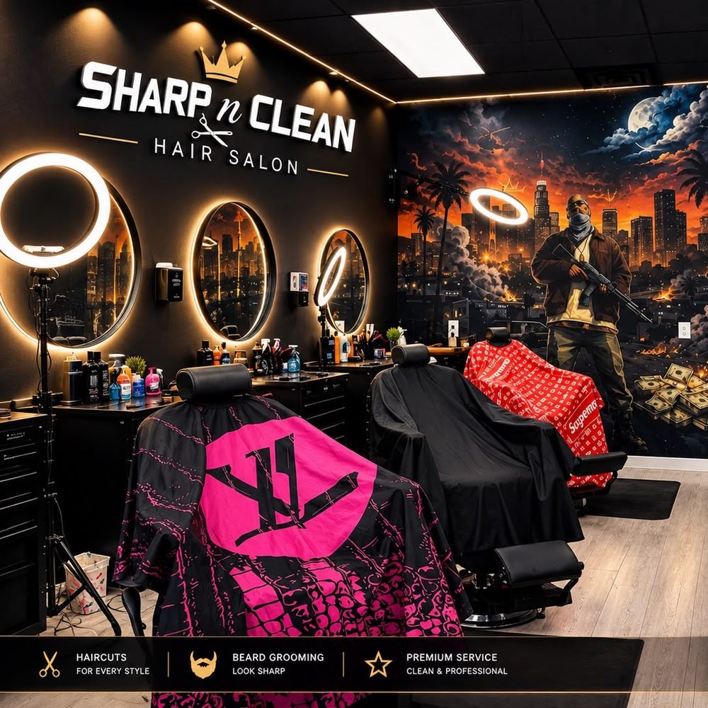 Inside Sharp N Clean Hair Salon — lit styling stations, round mirrors and the city mural along the back wall